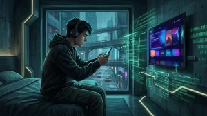 Illustration du hacker Arion Kurtaj dans une chambre d'hôtel avec smartphone et Fire TV Stick, responsable de la fuite GTA VI chez Rockstar Games en septembre 2022