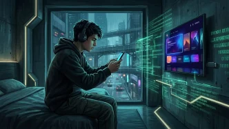 Illustration du hacker Arion Kurtaj dans une chambre d'hôtel avec smartphone et Fire TV Stick, responsable de la fuite GTA VI chez Rockstar Games en septembre 2022