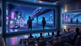 Illustration d’une avant-première de GTA VI sur Netflix, avec un écran géant montrant un jeu vidéo en monde ouvert dans une ville côtière illuminée
