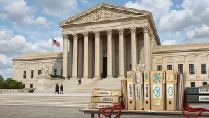 Illustration éditoriale représentant un tribunal fédéral américain et des documents juridiques pour les fuites de GTA VI, Take-Two contre Cyberleek