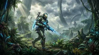 Illustration digitale d'un soldat en armure futuriste verte dans un environnement alien tropical avec structures annulaires, représentant Halo Campaign Evolved le remake Xbox 2026