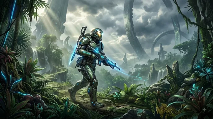 Illustration digitale d'un soldat en armure futuriste verte dans un environnement alien tropical avec structures annulaires, représentant Halo Campaign Evolved le remake Xbox 2026