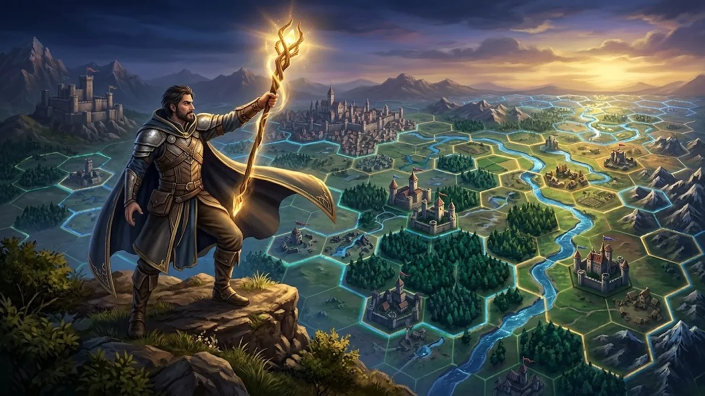Illustration Heroes of Might and Magic III Remake : héros mage dominant une carte stratégique avec châteaux et forêts, annonce Ubisoft 2027