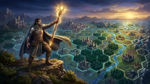 Illustration Heroes of Might and Magic III Remake : héros mage dominant une carte stratégique avec châteaux et forêts, annonce Ubisoft 2027