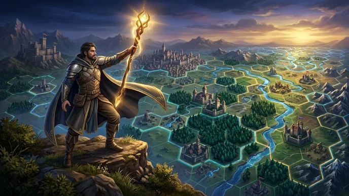 Illustration Heroes of Might and Magic III Remake : héros mage dominant une carte stratégique avec châteaux et forêts, annonce Ubisoft 2027