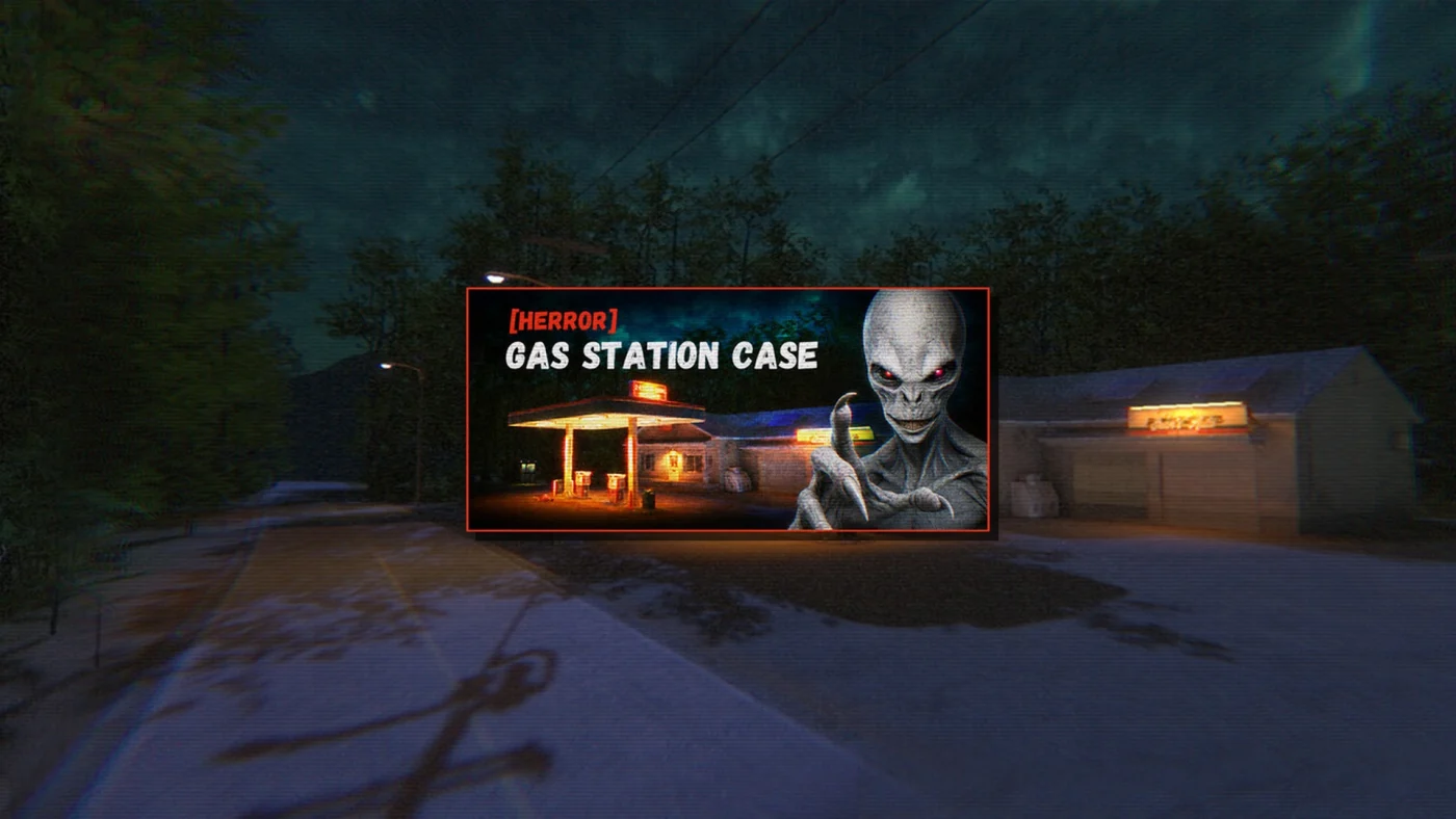 Station-service isolée de nuit dans [HERROR] Gas Station Case, avec une ambiance horrifique VHS et des lumières inquiétantes