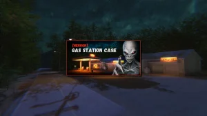 Station-service isolée de nuit dans [HERROR] Gas Station Case, avec une ambiance horrifique VHS et des lumières inquiétantes