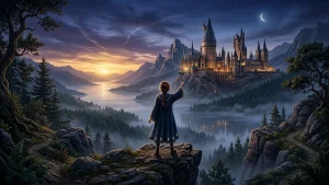 Illustration d’un château magique inédit au crépuscule, observé par une jeune sorcière, pour évoquer Hogwarts Legacy 2 et Avalanche Software.