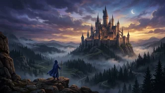 Illustration d'un château magique gothique sur une colline brumeuse pour Hogwarts Legacy 2, la suite officiellement confirmée par Warner Bros en août 2026