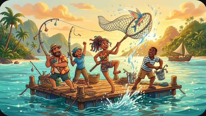 Illustration de quatre pêcheurs joyeux sur un ponton en bois attrapant un poisson volant, symbolisant le succès de How to Fish sur Steam.