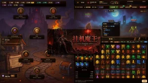 Interface d'Idle Demon Lord avec combat automatique nocturne, carte du royaume démoniaque et inventaire de loot