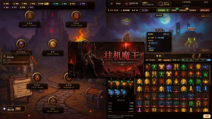 Interface d'Idle Demon Lord avec combat automatique nocturne, carte du royaume démoniaque et inventaire de loot