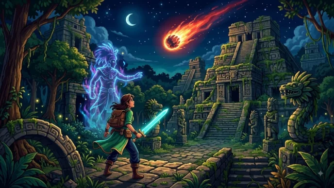 Illustration inspirée d’Illusion of Time montrant un jeune aventurier armé devant des ruines mayas, avec une silhouette spectrale et une comète dans un ciel étoilé.