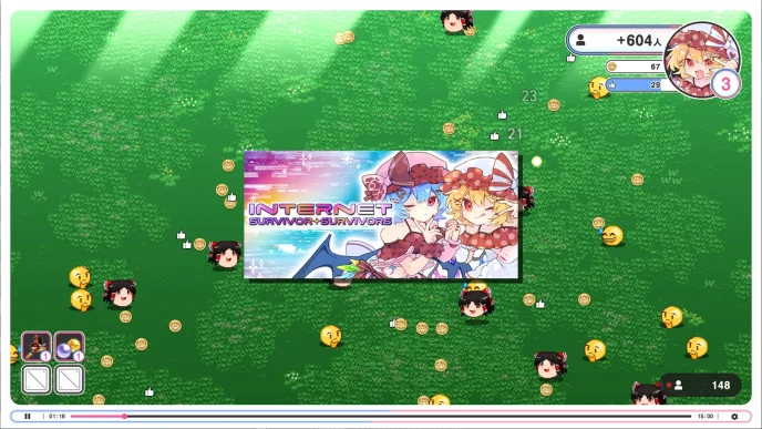 Illustration d'Internet Survivor Survivors montrant Flandre Scarlet en streameuse combattant des vagues d'ennemis inspirés de la culture Internet