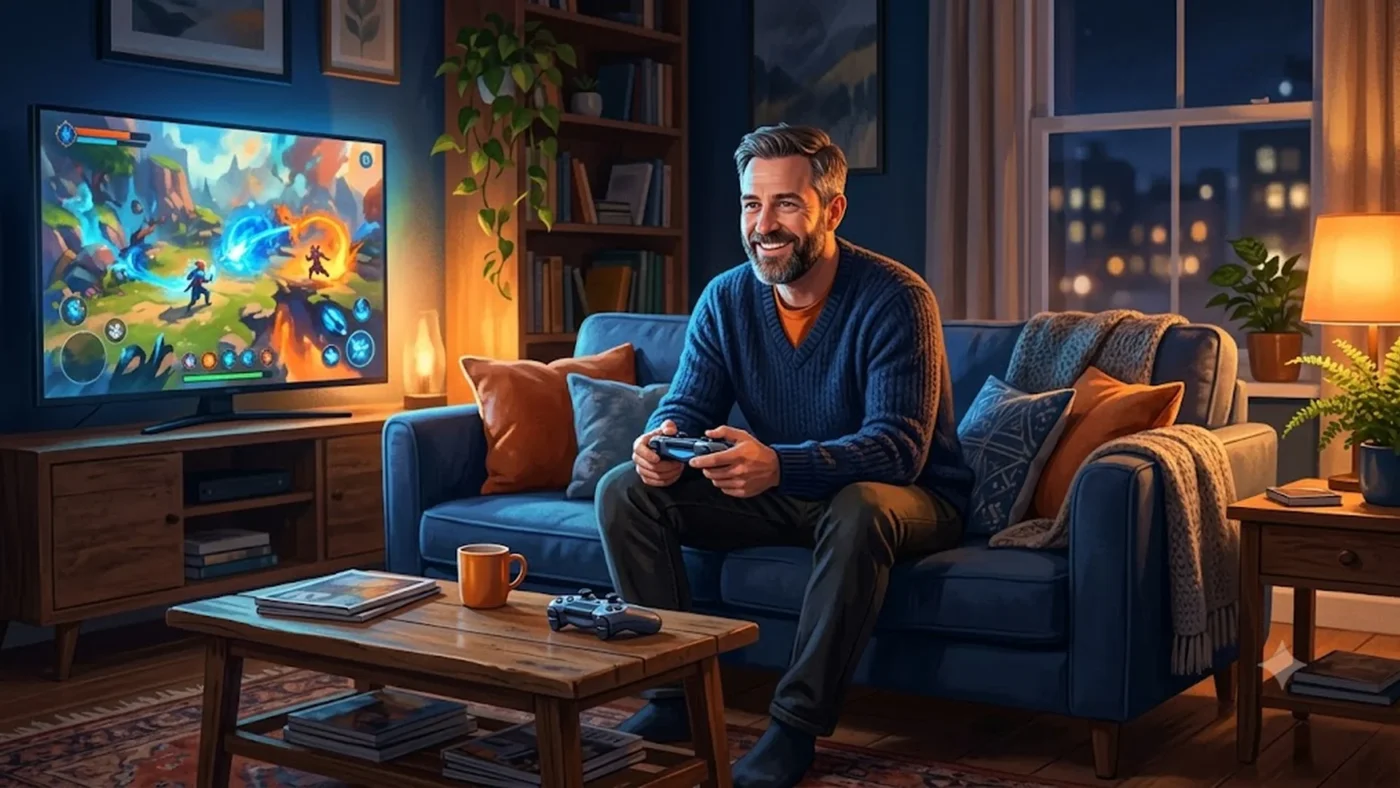Adulte de 40 ans jouant aux jeux vidéo dans un salon, illustration bien-être mental et avantage psychologique du gaming après 40 ans