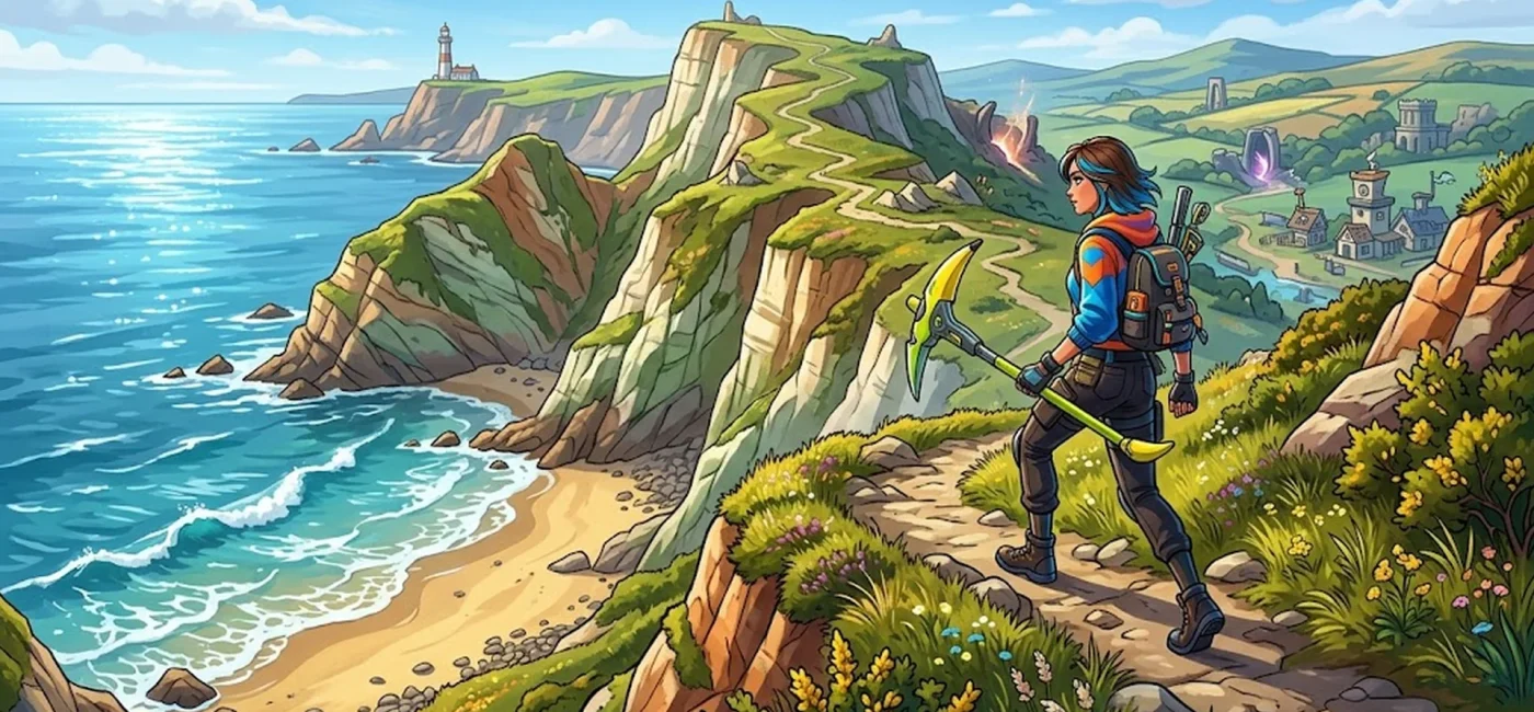 Aventurière dans un paysage côtier stylisé, illustration de l'activation Jo Malone dans Fortnite
