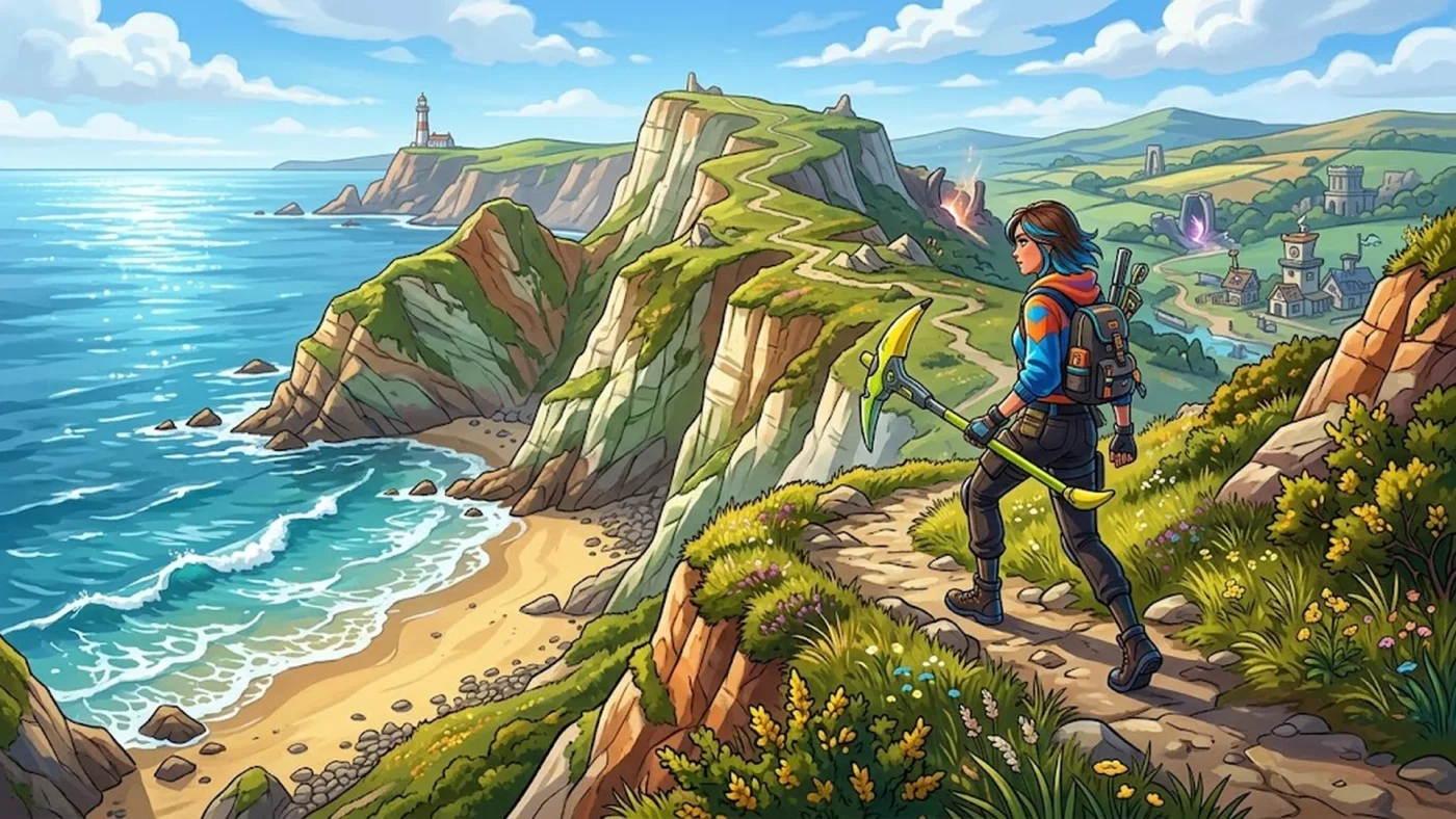 Aventurière dans un paysage côtier stylisé, illustration de l'activation Jo Malone dans Fortnite