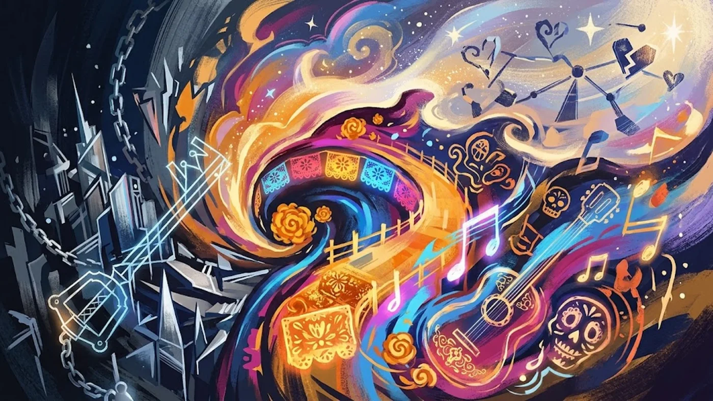 Illustration Kingdom Hearts 4 montrant Sora avec un Keyblade guitare dans le monde de Coco, Terre des Morts colorée avec pétales de marigold et décorations Día de los Muertos