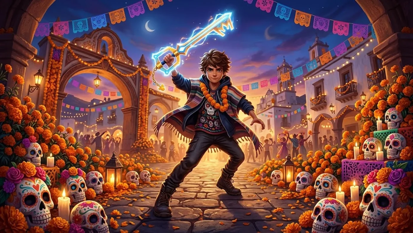 Illustration Kingdom Hearts IV avec Sora et une Keyblade dans un décor mexicain inspiré du monde de Coco, fleurs de marigold et crânes de sucre colorés, ambiance Día de Muertos