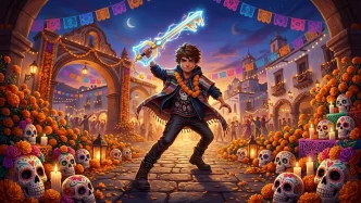 Illustration Kingdom Hearts IV avec Sora et une Keyblade dans un décor mexicain inspiré du monde de Coco, fleurs de marigold et crânes de sucre colorés, ambiance Día de Muertos