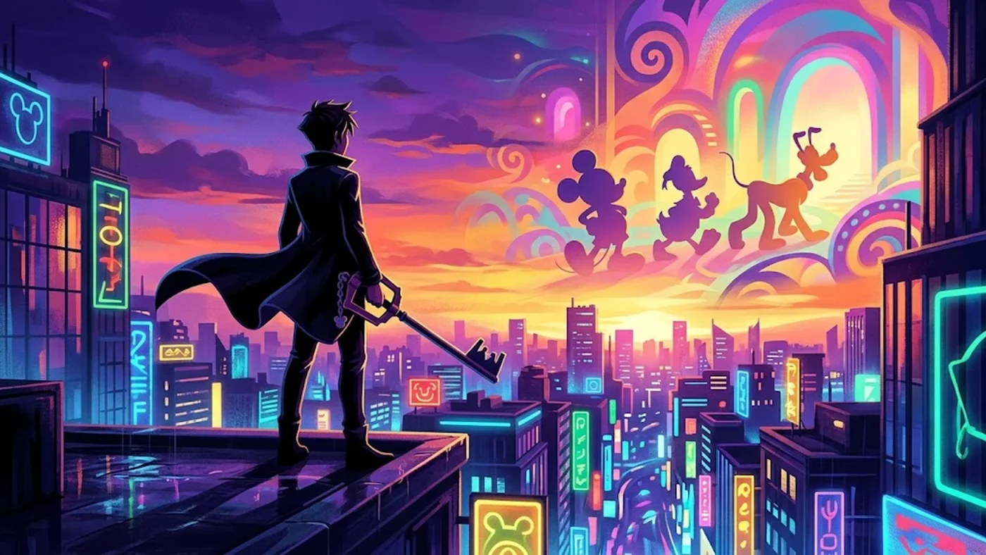 Illustration Kingdom Hearts avec héros clé-arme, personnages Disney et univers Coco pour série animée et Kingdom Hearts IV