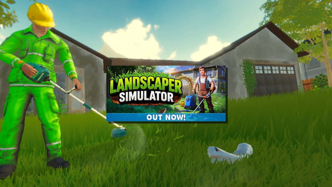 Illustration de Landscaper Simulator montrant un paysagiste en action avec débroussailleuse, nettoyeur haute pression et aspirateur dans un jardin à transformer, jeu de simulation relaxant sur Steam