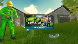 Illustration de Landscaper Simulator montrant un paysagiste en action avec débroussailleuse, nettoyeur haute pression et aspirateur dans un jardin à transformer, jeu de simulation relaxant sur Steam