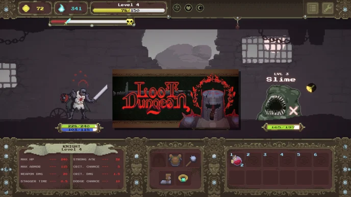Illustration Loot Dungeon roguelite ARPG incrémental d'Electric Kite sur Steam, donjon dark fantasy gothique pixel art avec combat au clic et progression permanente