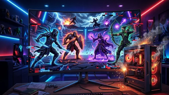 Illustration d’un jeu de combat futuriste sur PC avec des héros en équipe dans une arène néon