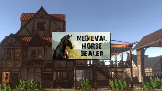 Illustration de Medieval Horse Dealer Simulator montrant un marchand de chevaux dans une écurie médiévale avec des étalons, des équipements de forge et des caravanes commerciales