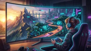 Joueuse observant un univers vidéoludique composé d’une montagne, d’une ville futuriste, d’une forêt et d’un circuit éclairé