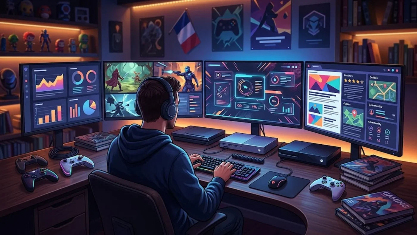 Joueur consultant des médias gaming français sur plusieurs écrans