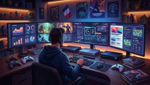 Joueur consultant des médias gaming français sur plusieurs écrans