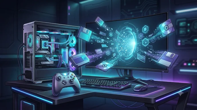 Illustration d’un PC gaming moderne avec écran affichant un flux numérique, une manette et des disques flottants, évoquant les jeux Xbox 360 sur PC et la rétrocompatibilité Microsoft.