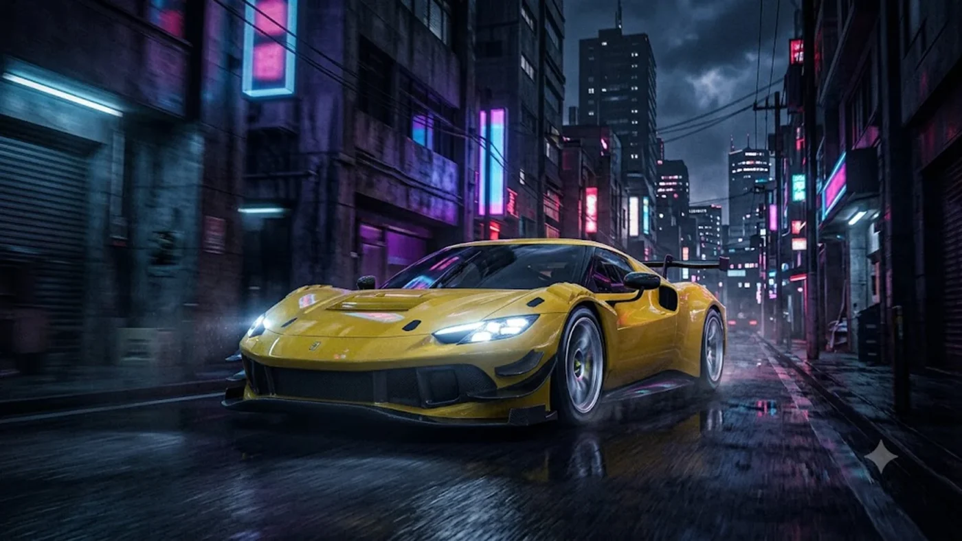Voiture de course jaune dans une rue urbaine nocturne éclairée au néon, ambiance pluvieuse et atmosphère rétro-futuriste évoquant l’annulation de Midnight Club 5
