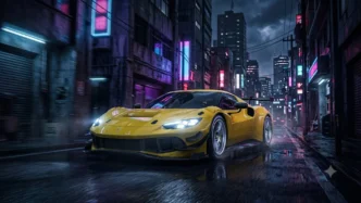 Voiture de course jaune dans une rue urbaine nocturne éclairée au néon, ambiance pluvieuse et atmosphère rétro-futuriste évoquant l’annulation de Midnight Club 5