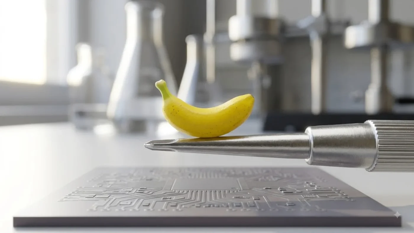 Gros plan sur un petit objet jaune en forme de banane posé sur un embout métallique, au-dessus d’une plaque de circuit imprimé, dans un laboratoire lumineux.