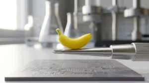 Gros plan sur un petit objet jaune en forme de banane posé sur un embout métallique, au-dessus d’une plaque de circuit imprimé, dans un laboratoire lumineux.