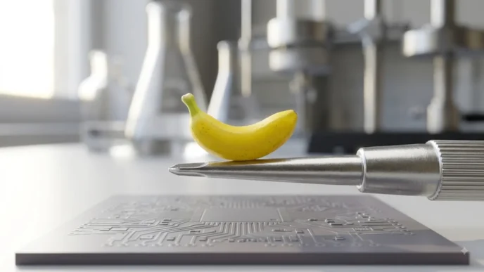 Gros plan sur un petit objet jaune en forme de banane posé sur un embout métallique, au-dessus d’une plaque de circuit imprimé, dans un laboratoire lumineux.