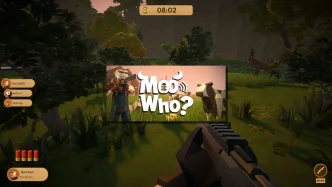 Capture d’écran de Moo Who? montrant un chasseur armé dans une forêt, avec une vache et le logo du jeu au centre.