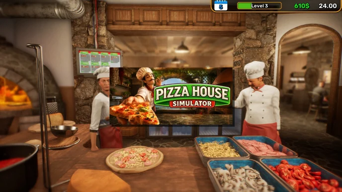 Illustration de Pizza House Simulator montrant une pizzeria italienne en activité