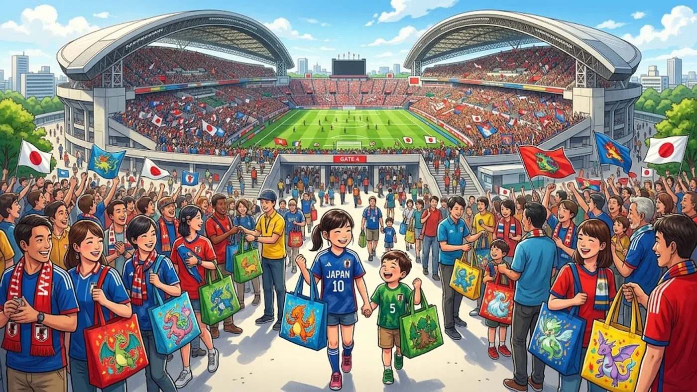Illustration d'un stade de football japonais avec distribution de sacs collector Pokémon lors du partenariat J.League pour les 30 ans de Pokémon