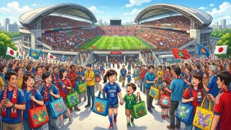Illustration d'un stade de football japonais avec distribution de sacs collector Pokémon lors du partenariat J.League pour les 30 ans de Pokémon