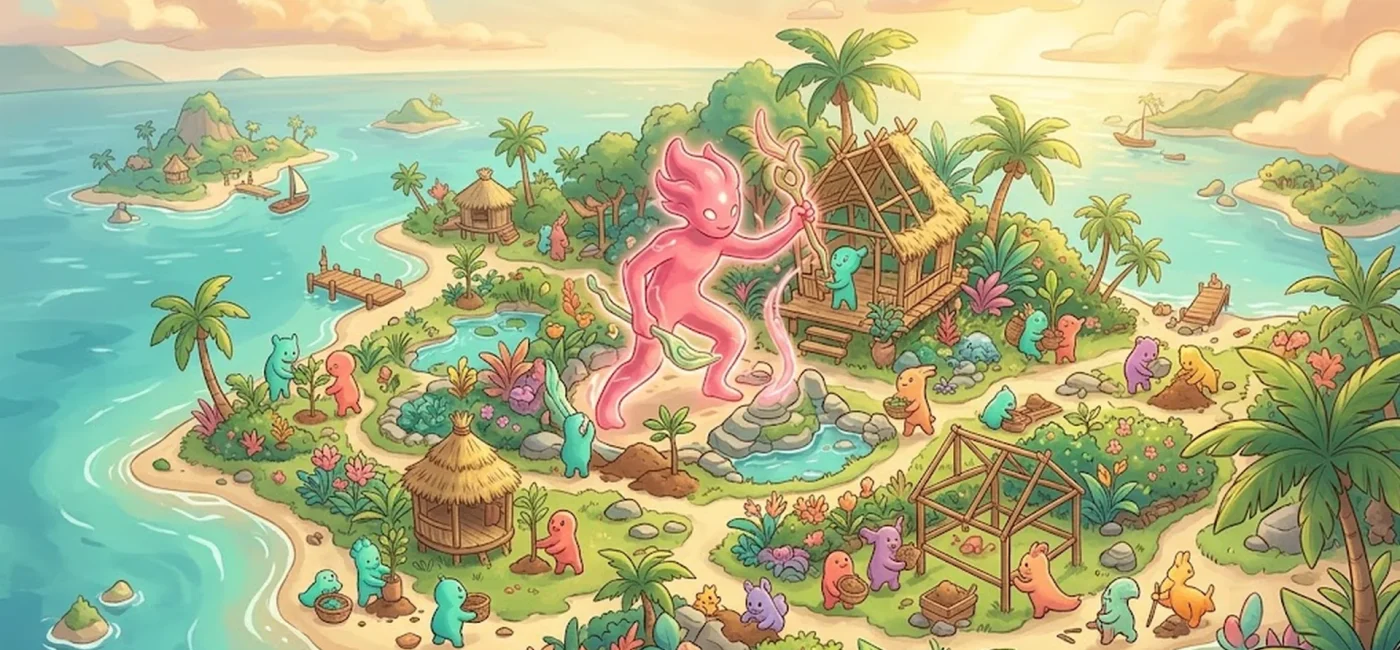 Illustration d'une créature rose métamorphe construisant une île tropicale avec des Pokémon dans Pokémon Pokopia sur Switch 2
