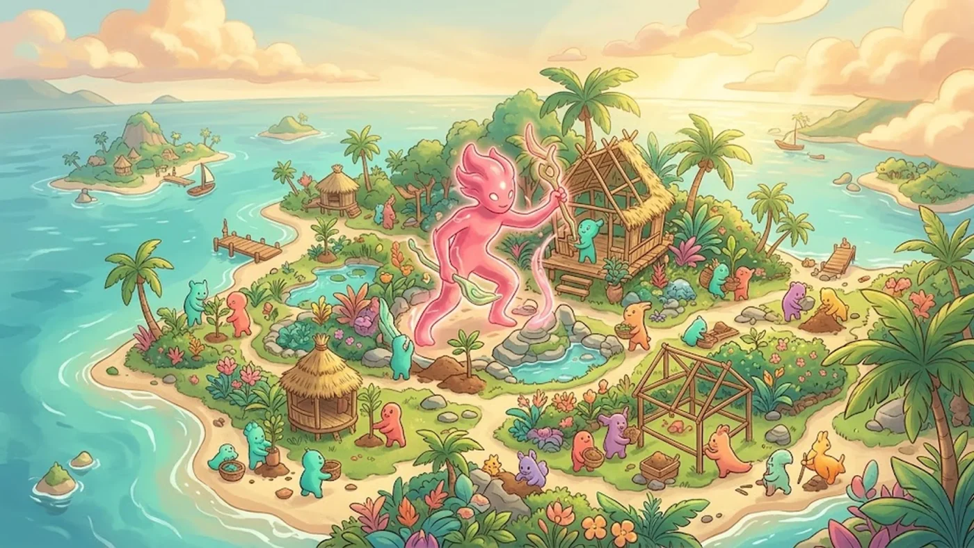 Illustration d'une créature rose métamorphe construisant une île tropicale avec des Pokémon dans Pokémon Pokopia sur Switch 2