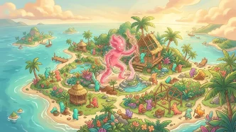 Illustration d'une créature rose métamorphe construisant une île tropicale avec des Pokémon dans Pokémon Pokopia sur Switch 2