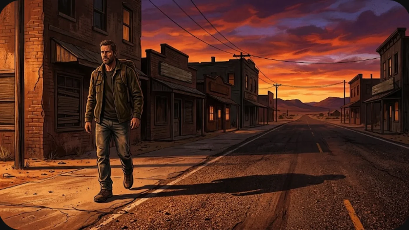 Illustration éditoriale de Postal 2 Redux montrant un personnage solitaire dans une ville désertique de l'Arizona au coucher du soleil