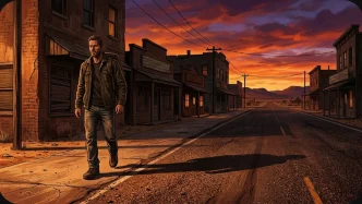 Illustration éditoriale de Postal 2 Redux montrant un personnage solitaire dans une ville désertique de l'Arizona au coucher du soleil