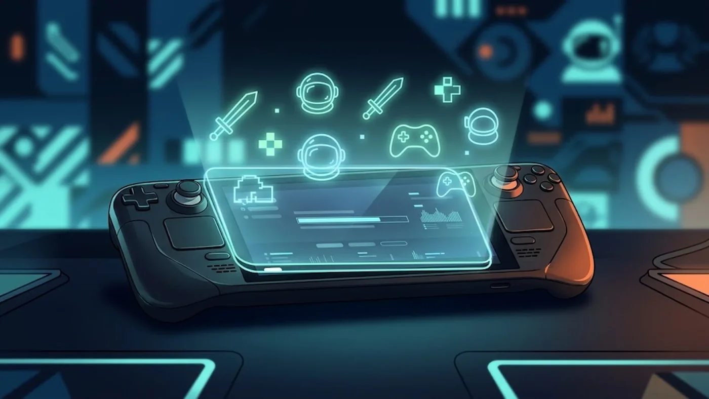 Console portable Steam Deck avec interface de mise à jour Proton 11.0-2 et icônes de jeux vidéo flottants, illustration éditoriale gaming