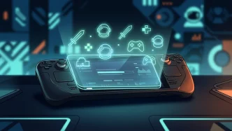 Console portable Steam Deck avec interface de mise à jour Proton 11.0-2 et icônes de jeux vidéo flottants, illustration éditoriale gaming